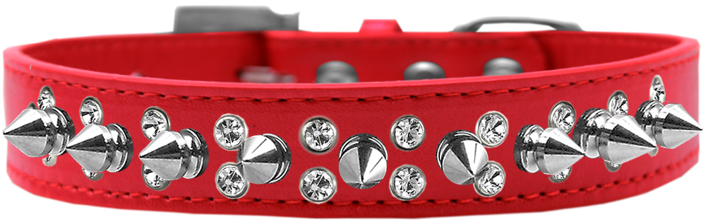 Double Crystal and Silver Spikes Dog Collar Red Size 12